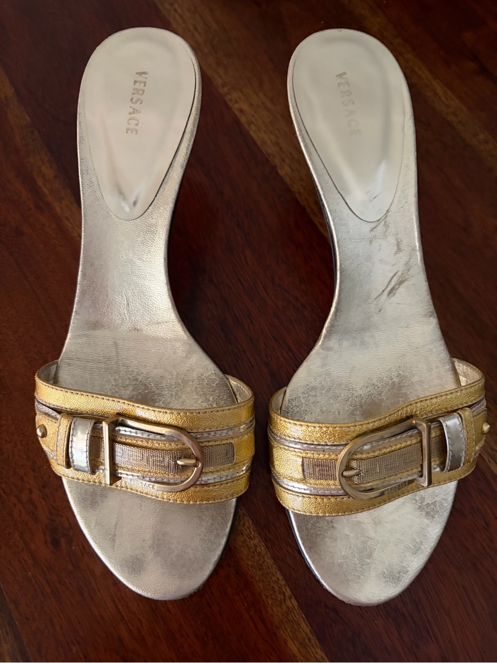 Versace Gold and Silver Buckle Slide Mules